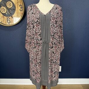 Roz & Ali Jersey Knit Black and Red Paisley Blouson Dress Plus Size 3X